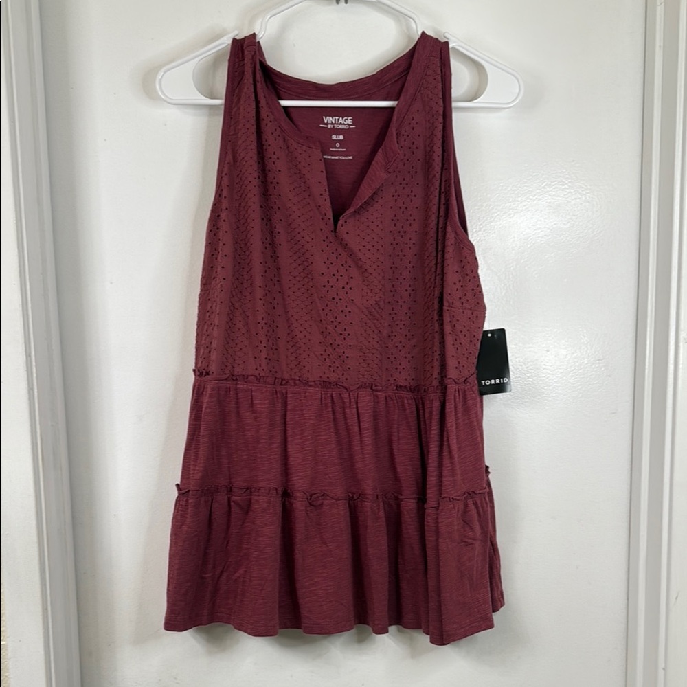 Torrid Vintage Slub Notch Neck Lace Babydoll Maroon Sleeveless Top NWT